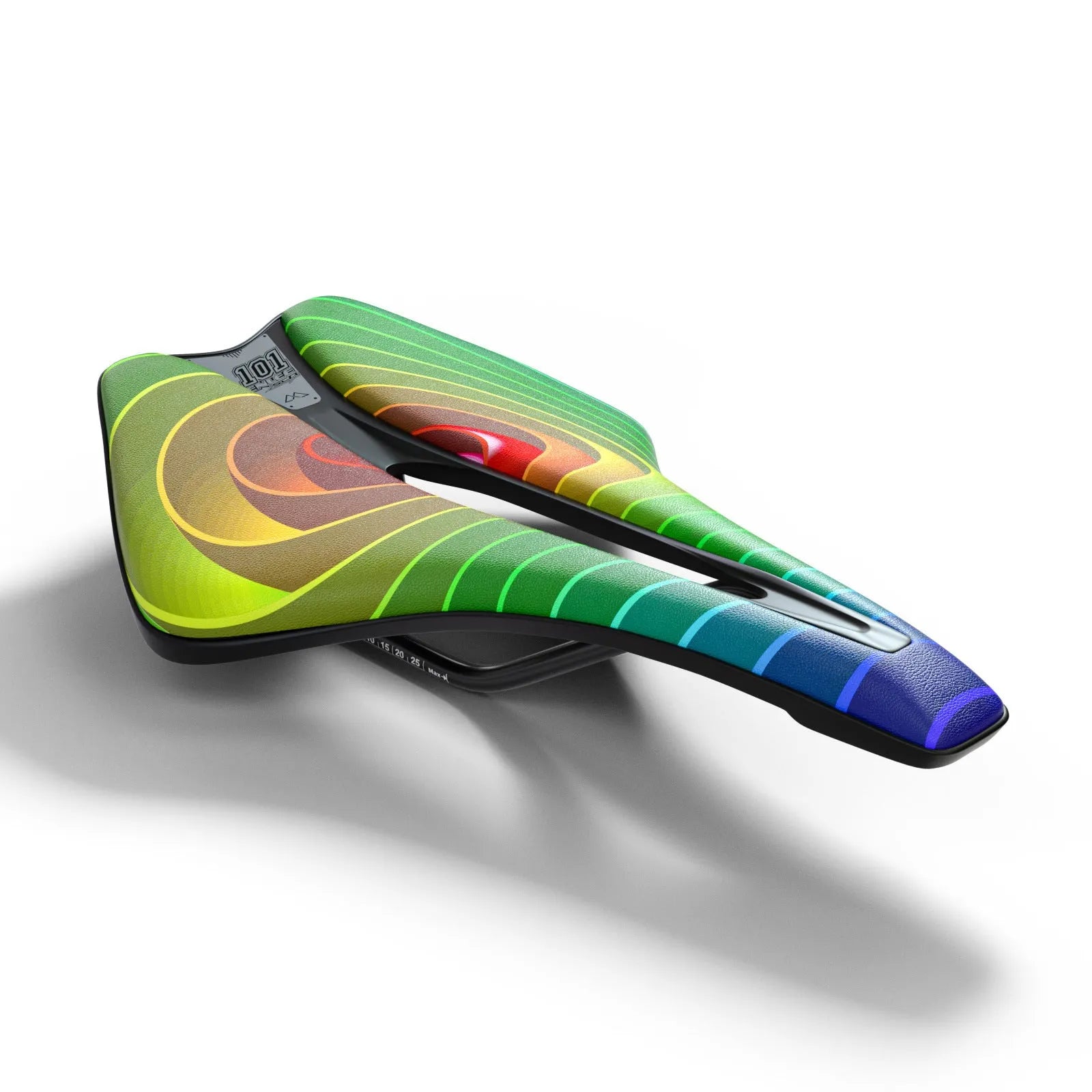 Ultra-light EVA cushion bike saddle with hollow design in PU leather, shown in multiple colour options.