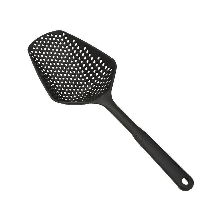 Large black nylon kitchen scoop colander strainer with 19cm diameter for draining food.