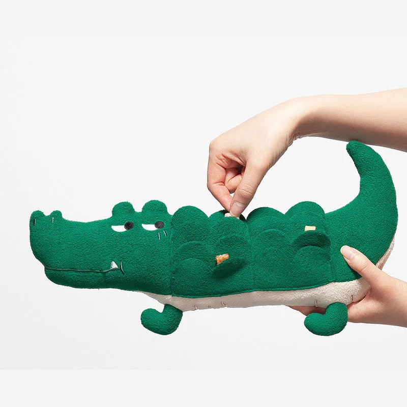 Green plush toy dog soft toy measuring 35cm long on a white background.