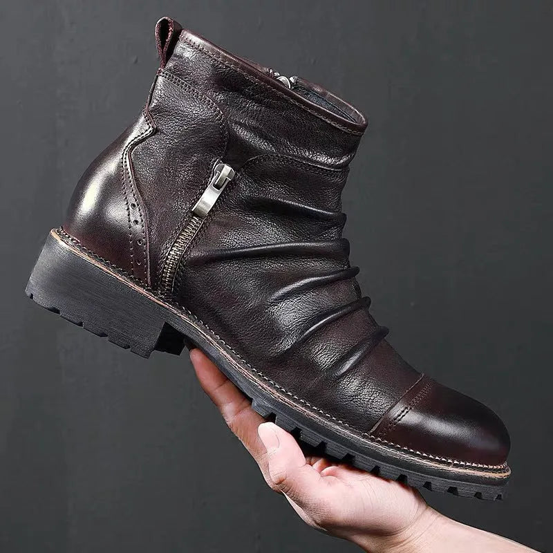 Men's black embossed PU cowboy boots with a side zipper and a mid-height horseshoe heel.