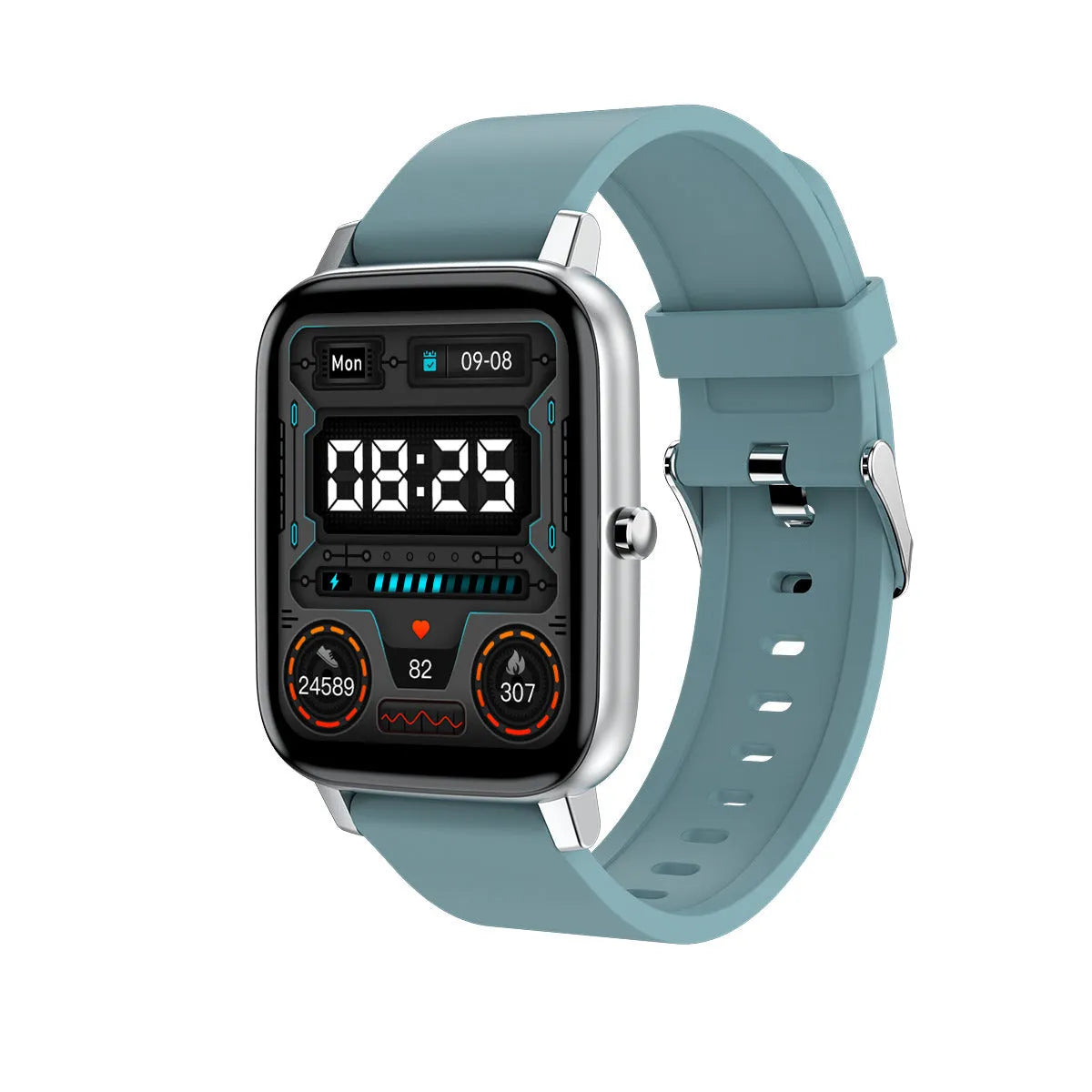 H80 smart watch with coloured silicone strap showing health metrics on 1.69-inch touchscreen.