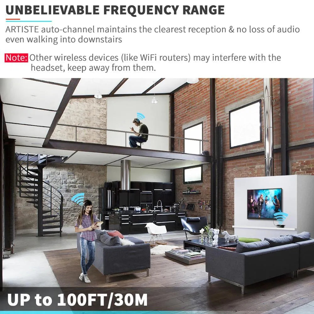Black ABS on-ear wireless headphones for TV viewing with bass sound
