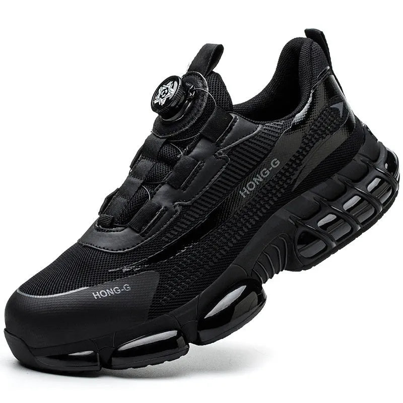 Men's lightweight black safety work shoes with steel toe cap and lace-up front.