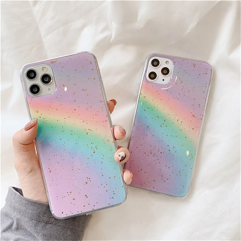Rainbow gradient TPU phone case with striped design on an iPhone.