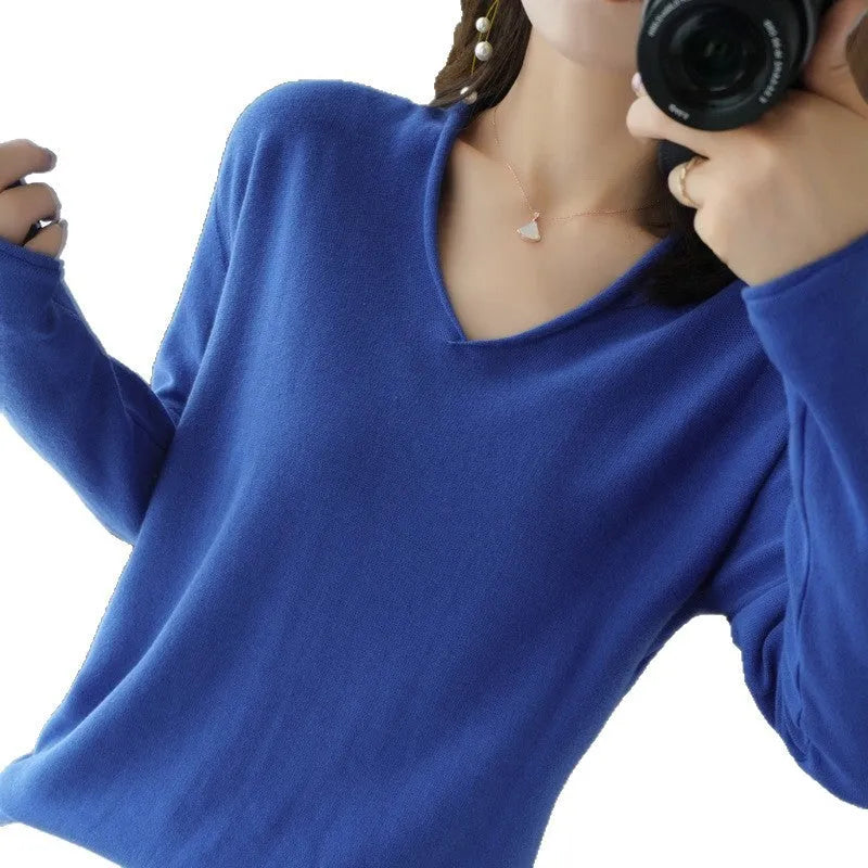 Women's V-neck long sleeve knitwear top in non-iron macaron colours for commute styling