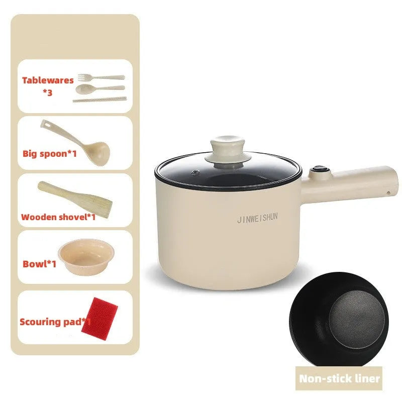White, green, and khaki mini electric hot pot with non-stick interior and control panel.