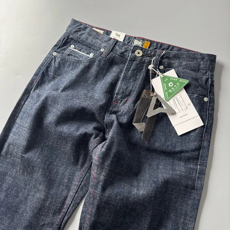 Men's primary colour straight leg denim jeans with American retro styling on a mid waist