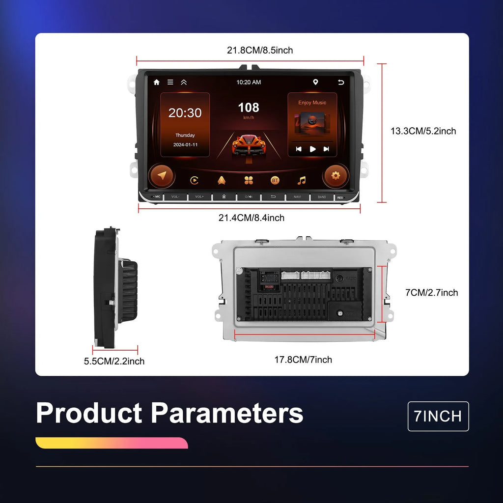 7-inch Android car stereo with touchscreen display for Volkswagen vehicles featuring wireless CarPlay and built-in navigation