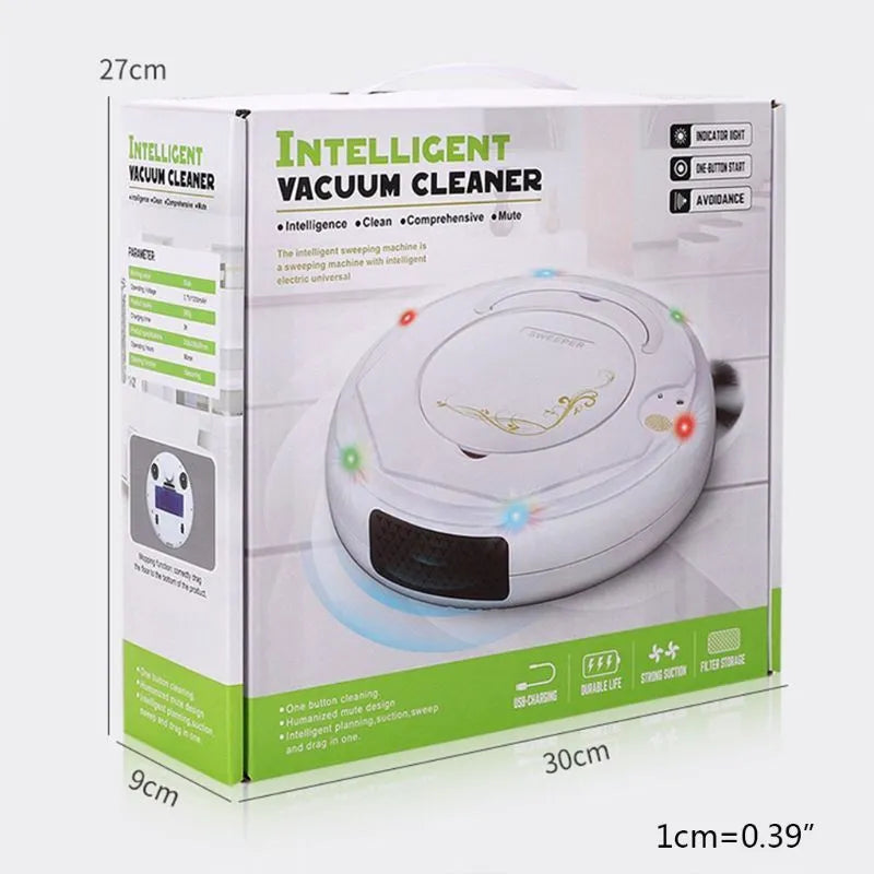 Lazy Smart Vacuum Cleaner in black on a tile floor with charging dock, brush and rag visible