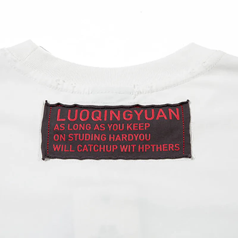 Letter affixed cloth embroidered printed short sleeve men's cotton t-shirt in black front view
