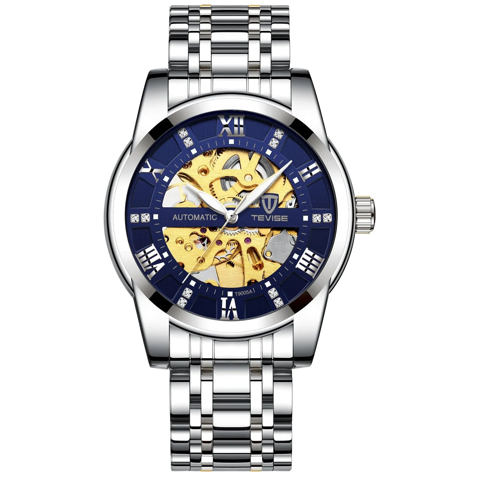 TEVISE T9005A men's automatic mechanical watch with skeleton dial, stainless steel strap, and 41mm round case