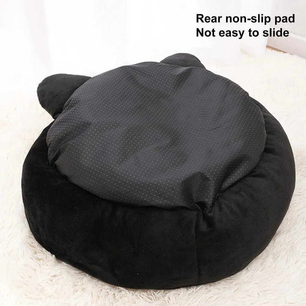Black cat shaped velvet pet nest bed with raised edges for head support