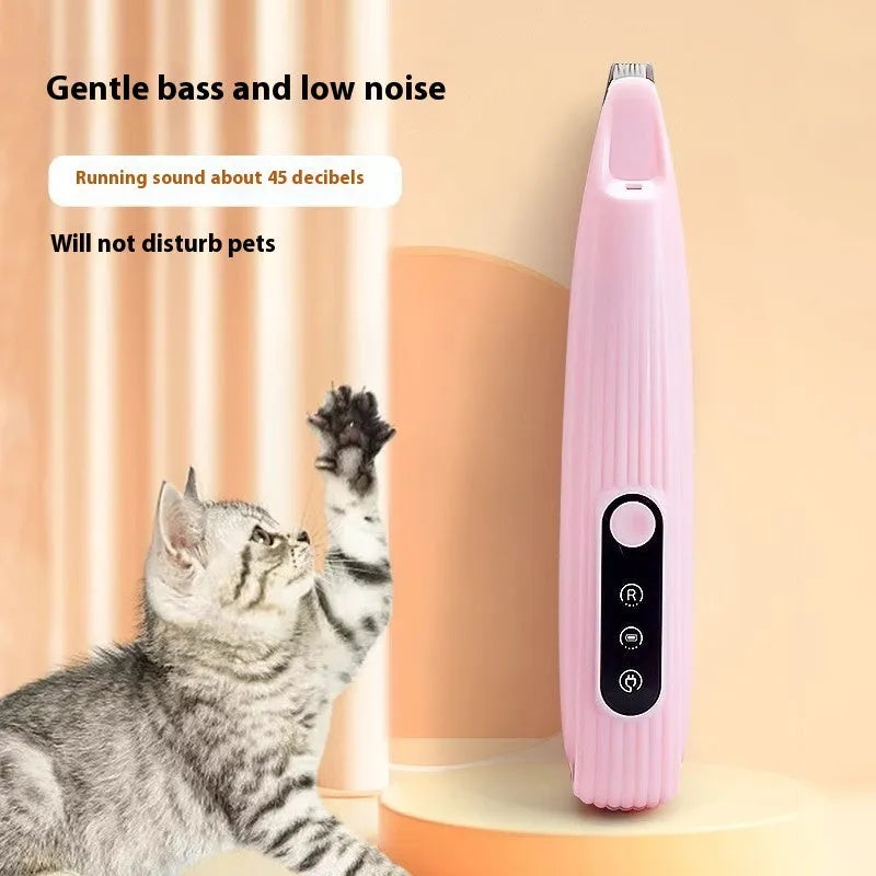Electric pet nail grinder in four colours (pink, white, blue, yellow) with charging cable and cleaning brush, compact 16.2 x 3cm design