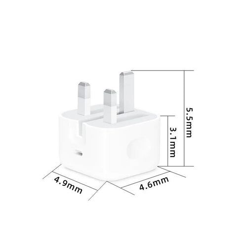 White 20W USB-C PD fast charger with UK plug and a choice of cable lengths.