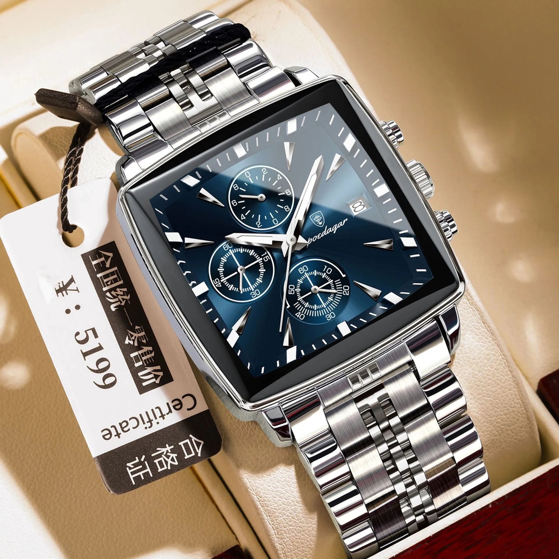 Men's square business quartz watch with stainless steel strap and mineral glass, shown in gold case with blue dial