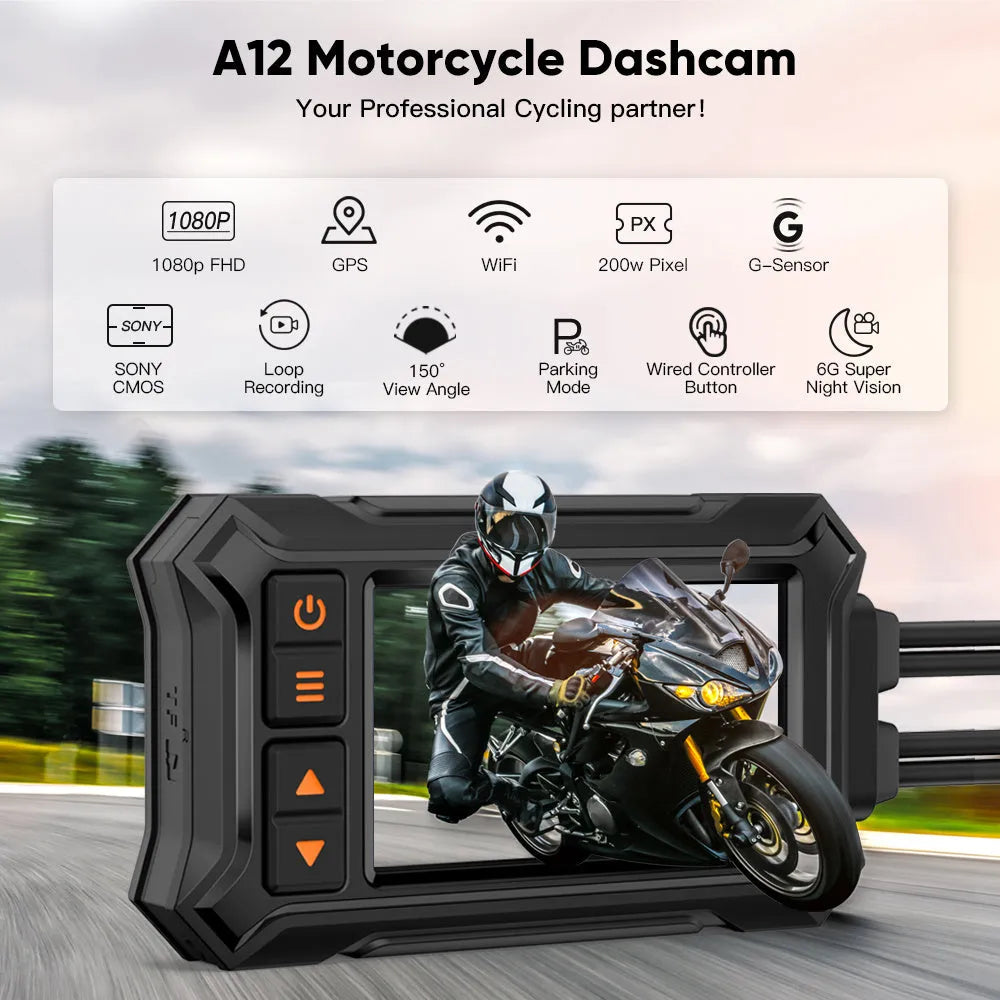 Motorcycle tachograph dash cam with dual lenses, 3-inch screen, GPS module, and mounting accessories on a black background.