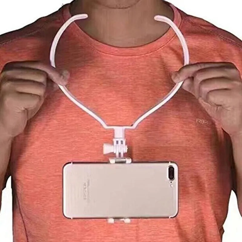 Black and white wearable neck phone holder made of ABS plastic, showing adjustable angle and ring for hands-free use.