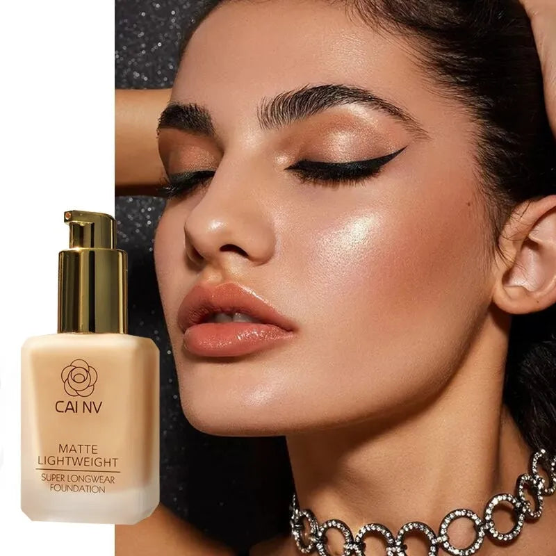 Liquid foundation bottle with discolouration resistance for mixed skin types in six shade options