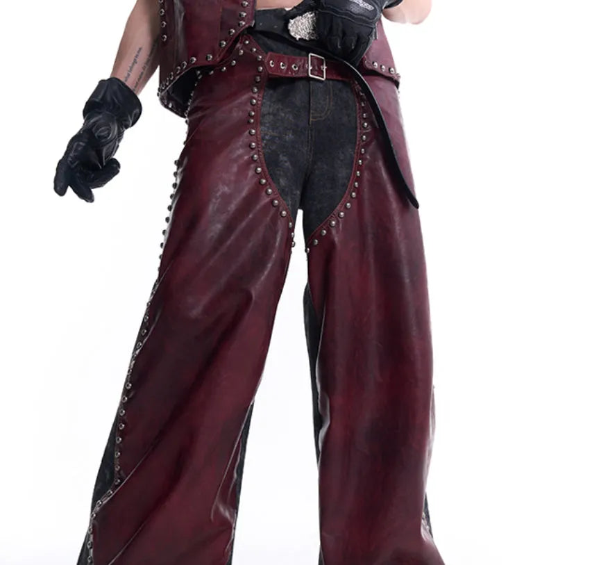 Red leather rivets vest coat with lapel collar and matching pants, Korean-style heavy industry design for men