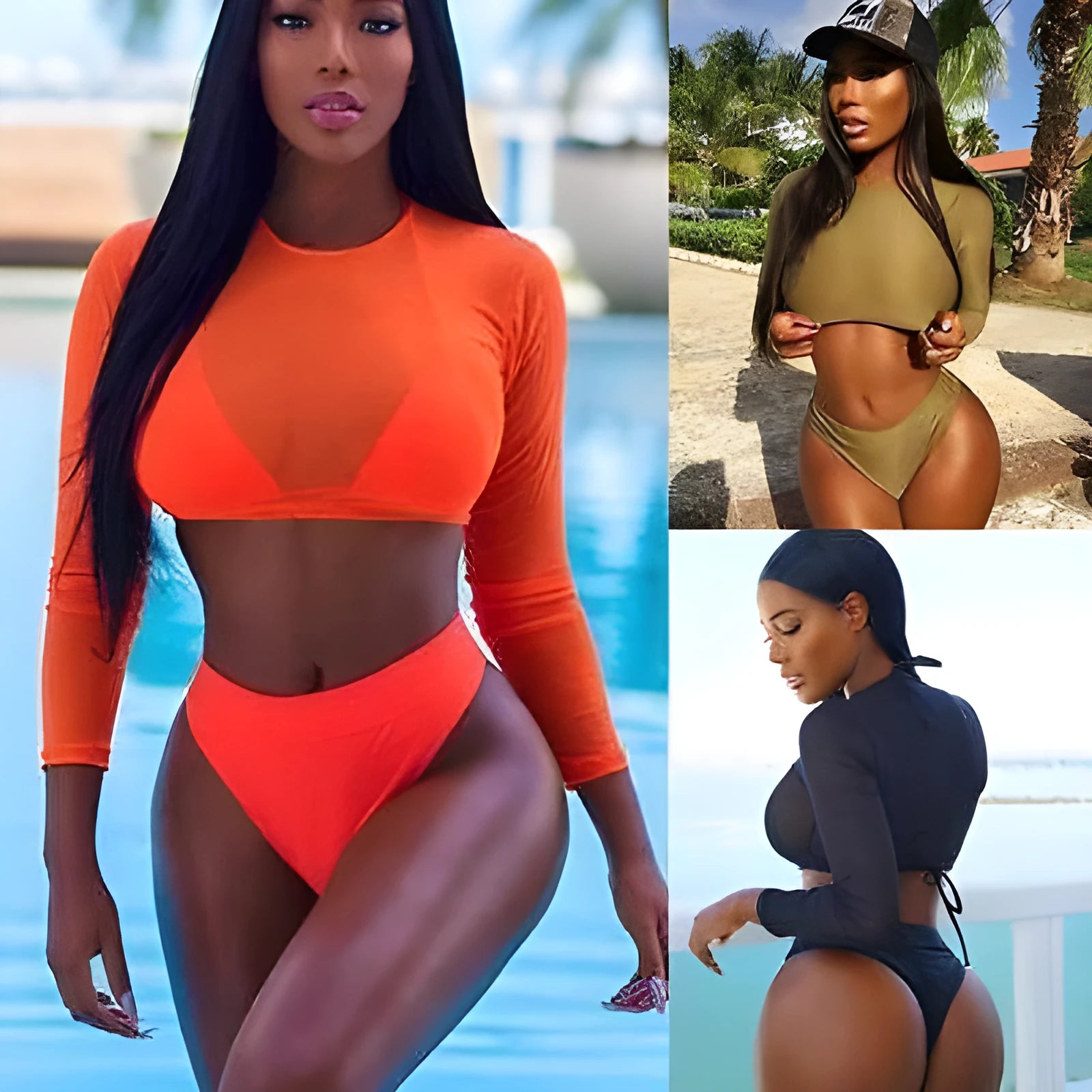 Women's orange solid high waist see-through bikini set with wire-free top and removable pads