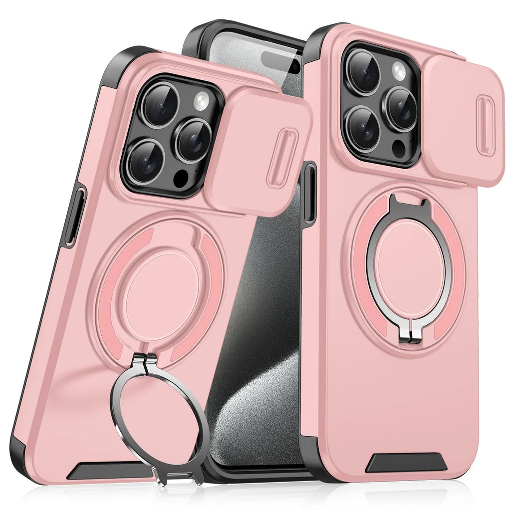 Black PC phone case with sliding window bracket for Apple iPhone 15 Pro Max, drop-resistant design