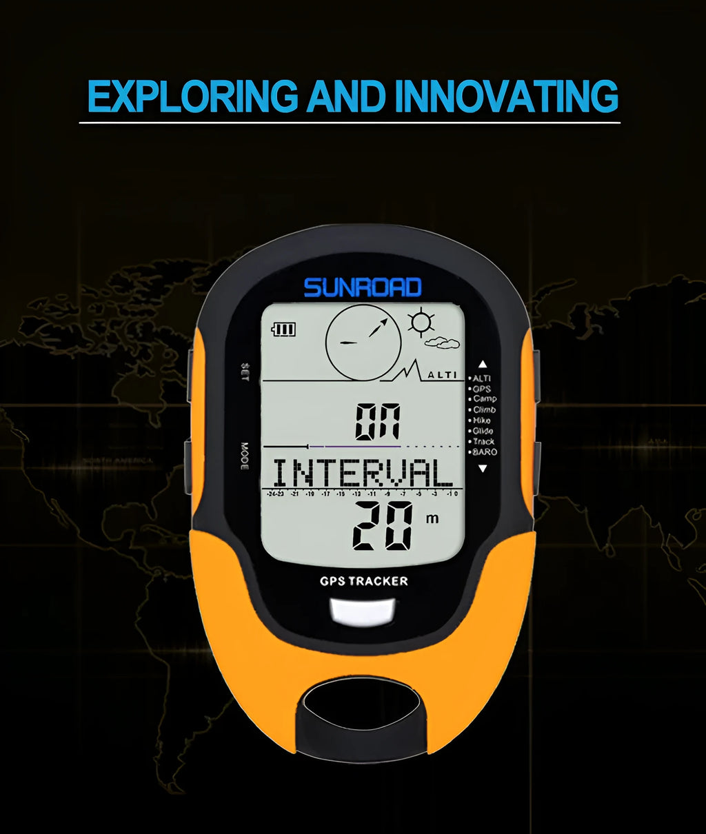 Yellow outdoor navigation altimeter with electronic compass and air pressure display on a rock