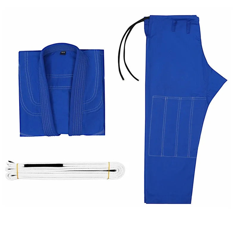 Brazilian Jiu-Jitsu gi uniform top and trousers in cotton blend fabric on a white background.