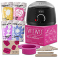27-piece hair removal waxing kit with four coloured wax beads, wax warmer, sticks, and guidebook