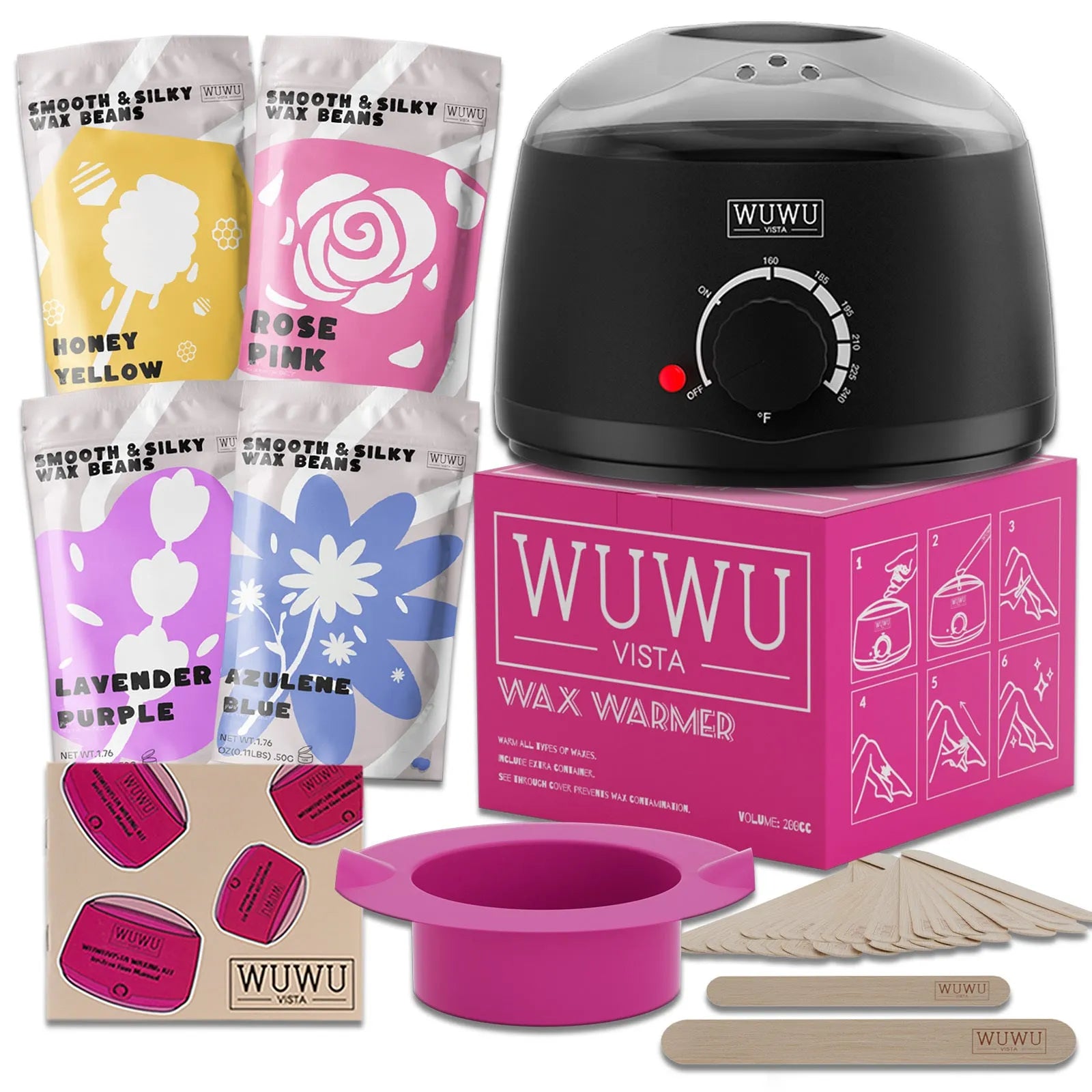 27-piece hair removal waxing kit with four coloured wax beads, wax warmer, sticks, and guidebook