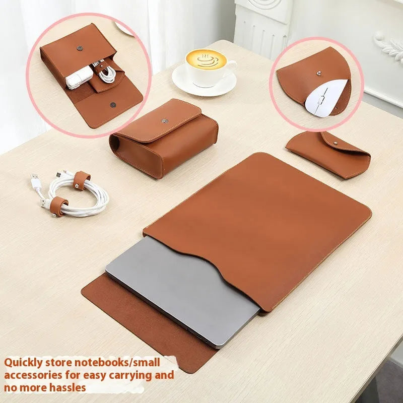 Set of four imitation leather laptop edge protector pieces in apricot, brown, gray and light pink.