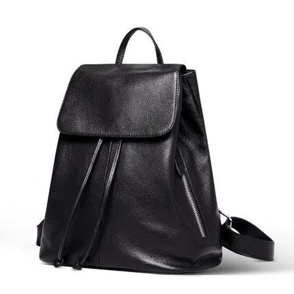 Black genuine leather women's backpack with multiple compartments and street style design