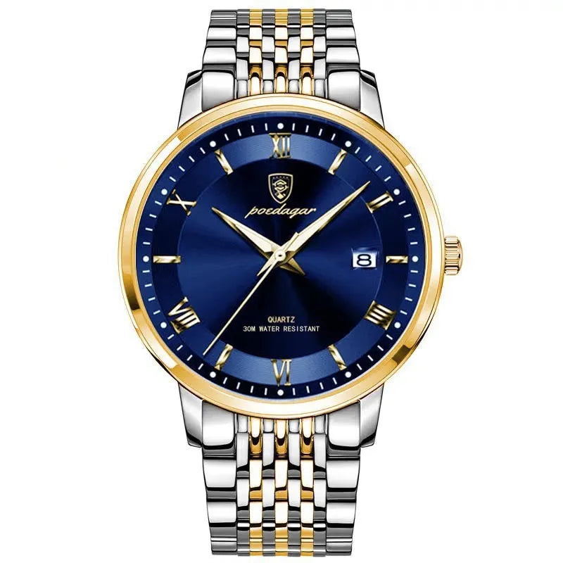 Men's quartz watch with waterproof luminous display and calendar, 41mm precision steel case, mineral reinforced mirror