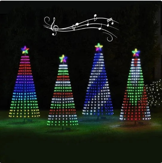 Multi colour LED animated outdoor Christmas tree lights showing 200 warm white lamps on 1.5m or 2m frame