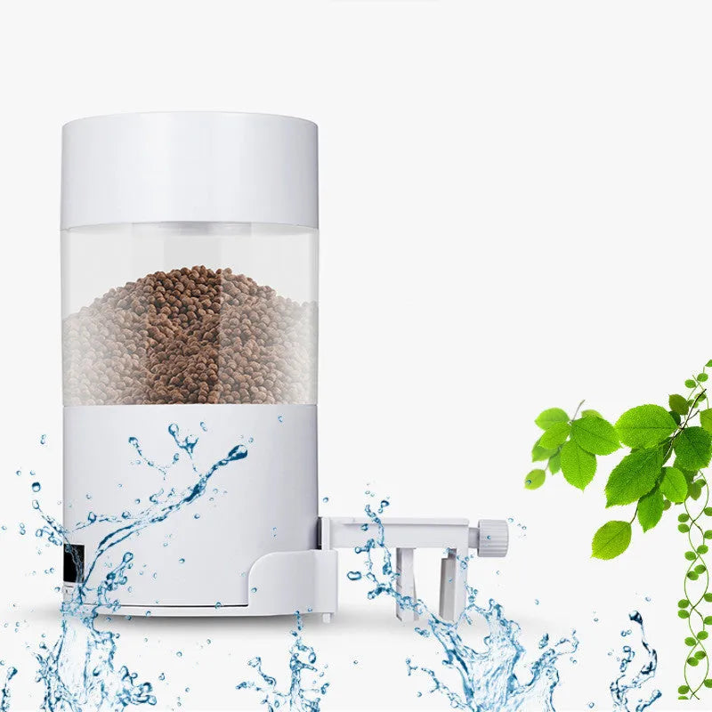 White ABS automatic fish feeder for aquarium tank with 24-hour timer, 9x9x18cm size