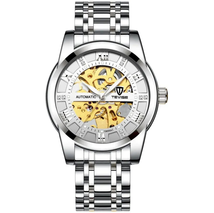 TEVISE T9005A men's automatic mechanical watch with skeleton dial, stainless steel strap, and 41mm round case