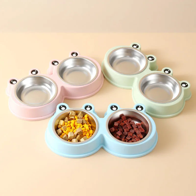 Stainless steel double pet bowl for food and water with a coloured silicone anti-slip base.