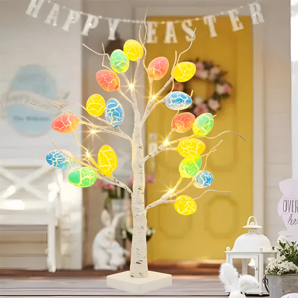 60cm white LED birch tree with black trunk details and warm white cracked egg ornaments on adjustable branches