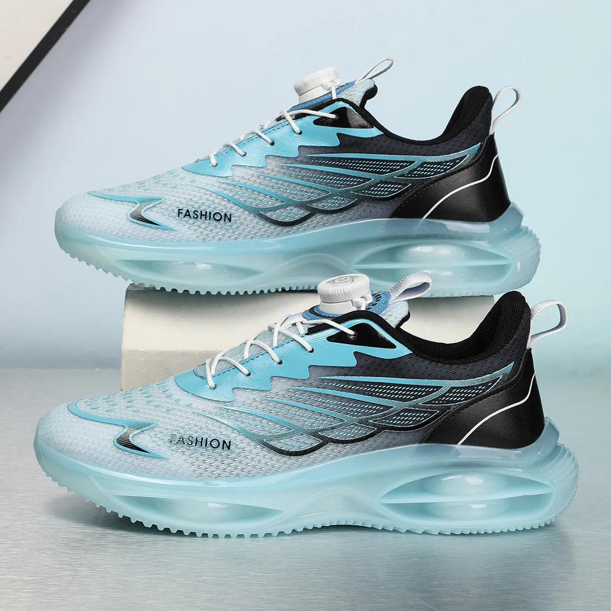 Casual neutral running shoes in sky blue with mesh upper, rubber sole, and lace-up front.