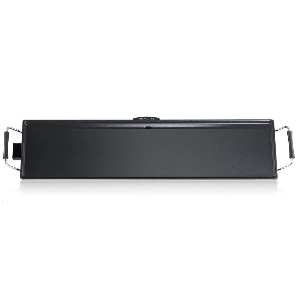 Square home multi-function electric grill pan with non-stick coating and iron body on kitchen countertop