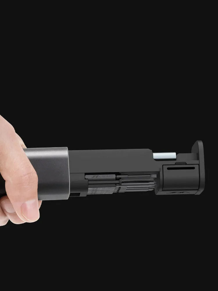 Black screwdriver set gadget with chrome-molybdenum alloy steel bits in small aluminium tube