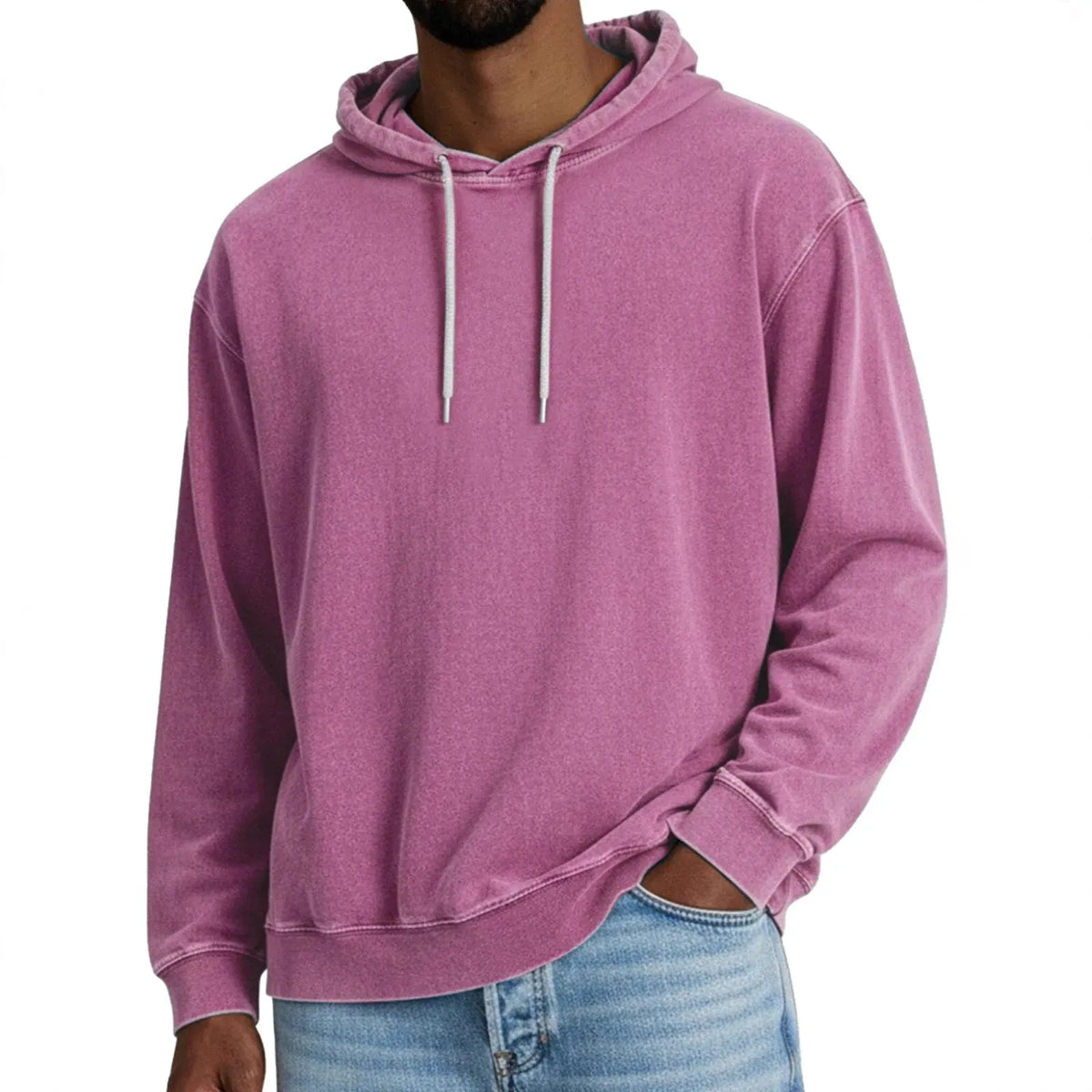 Men's loose fit solid colour hooded sweatshirt, long-sleeved polyester pullover, sizes S-5XL, seven colours