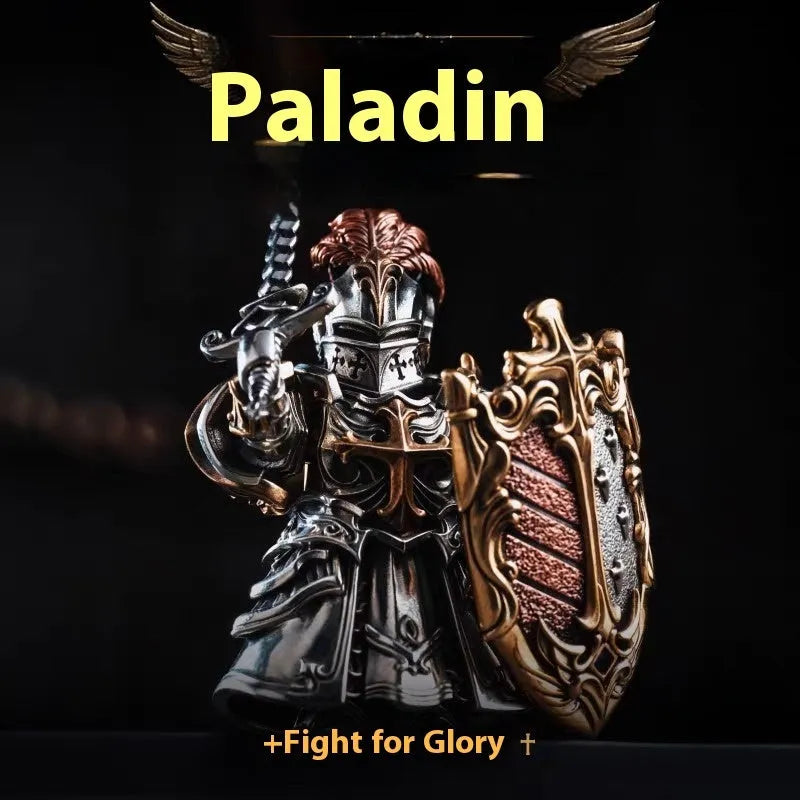 Copper Paladin crusader ornament set with holy sword and shield on tabletop display
