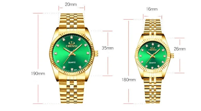 Gold men's quartz wristwatch with stainless steel strap and mineral glass display on a white surface
