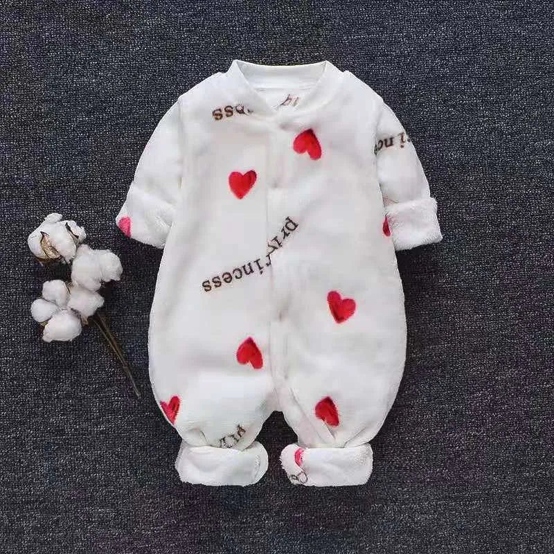 Baby wearing a long sleeve flannel romper with a panda print design