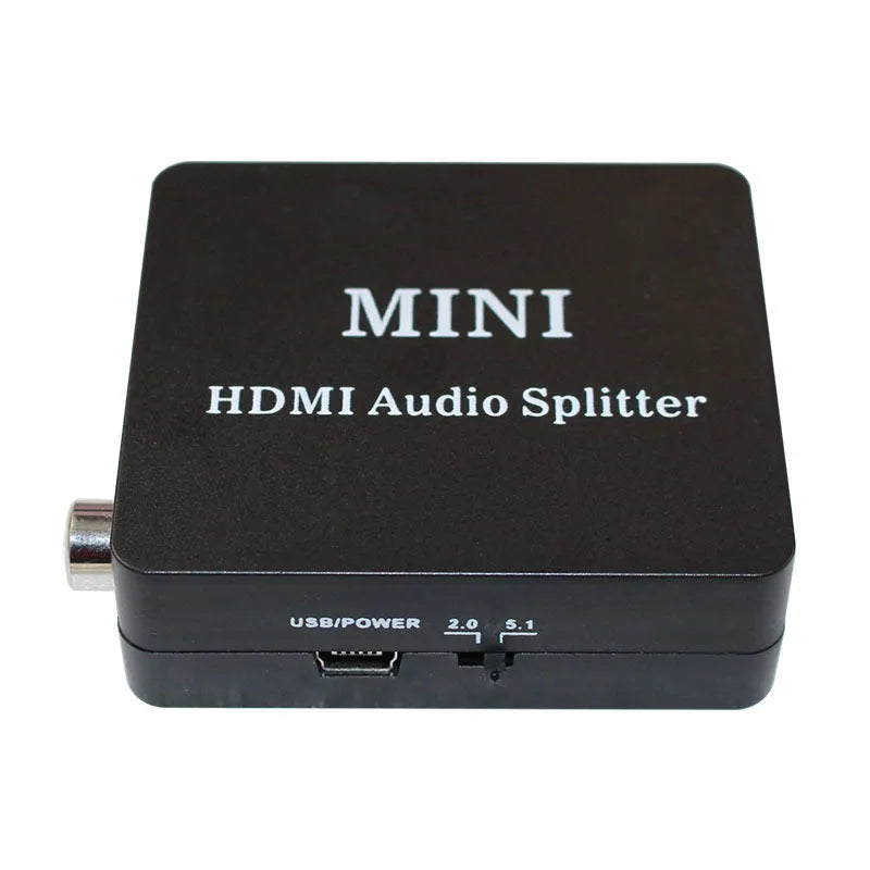HDMI audio video splitter in black with HDMI input, HDMI output, SPDIF, and RCA ports