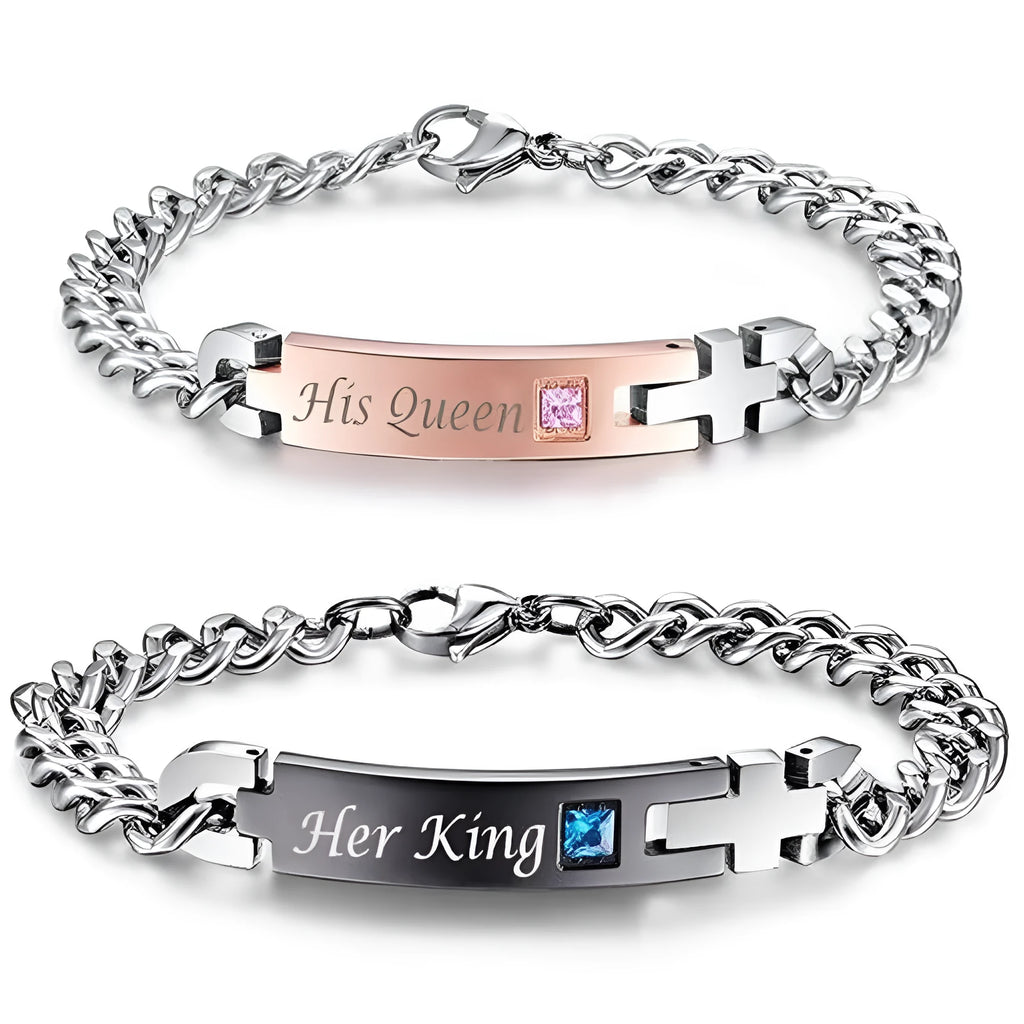 Gold and black couple bracelets in stainless steel with geometric design and adjustable chain lengths