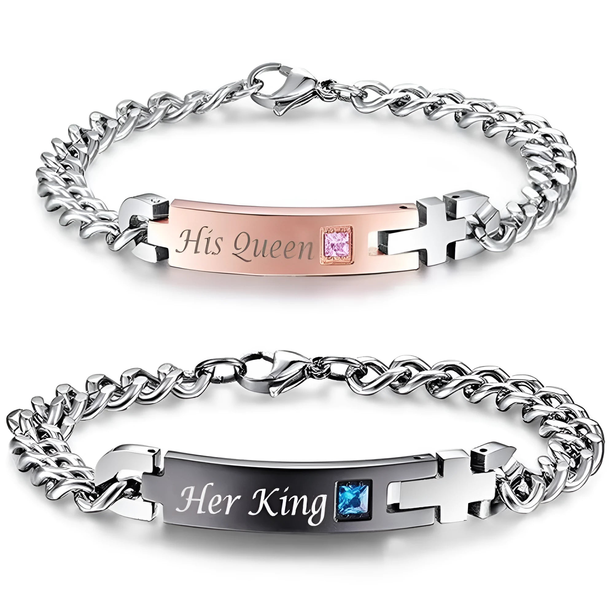 Gold and black couple bracelets in stainless steel with geometric design and adjustable chain lengths