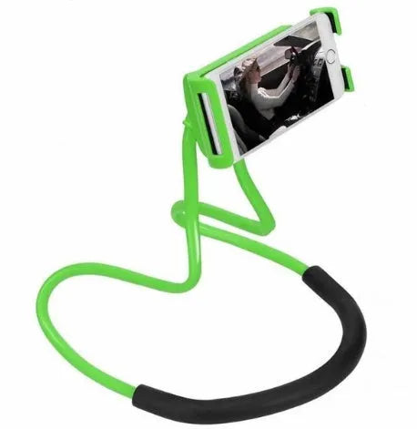 White universal neck phone holder with 360-degree rotating clamp on a table
