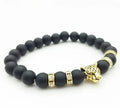 8mm natural stone and lava stone bead bracelet with leopard head pendant for men, 18cm diameter, gold frosted black
