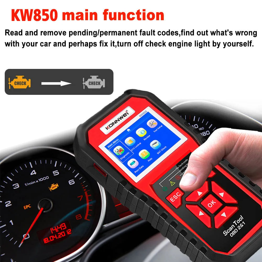 KONNWEI KW850 OBD2 code reader with TFT colour display and nylon case